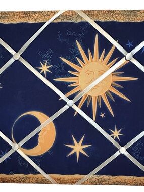 Vtg Celestial Sun Moon Star Memo Board Photo Fabric Boho Wall Decor  18" AS IS